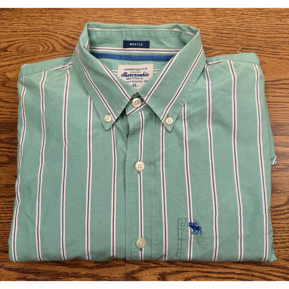 Abercrombie Button Up Mens XL Green Striped Muscle Fit 22" Pit To Pit